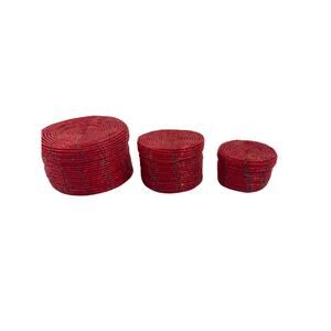 3 Piece Set Red Glass Seed Beaded Trinket Round Jewelry Boxes 3"x2.75"